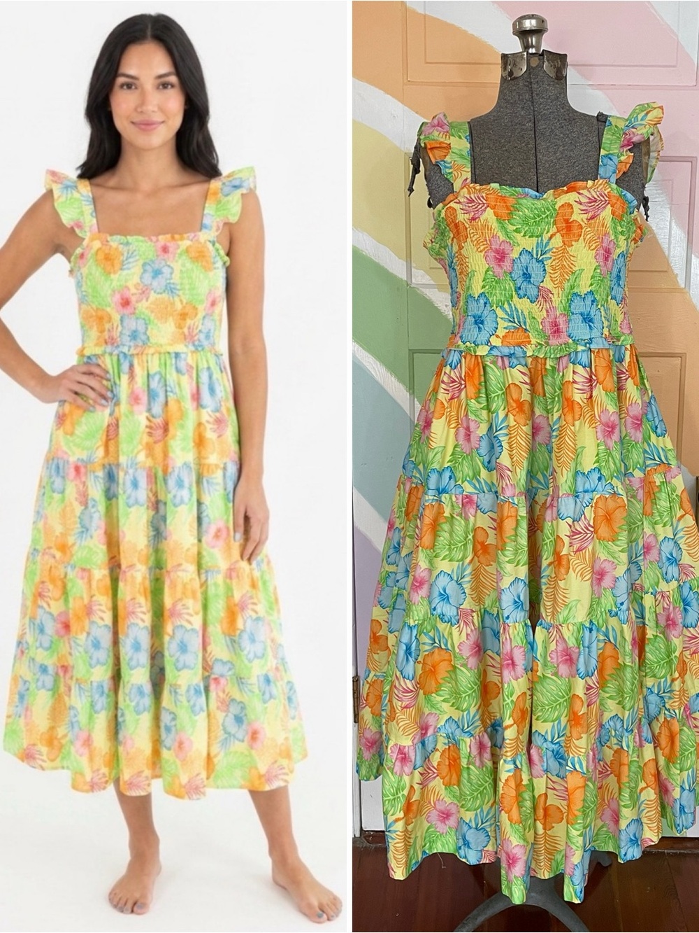 NWOT Ruffle Butts Women’s Hawaiian Floral Smocked Cotton Sun Dress Sz L 💛🎀